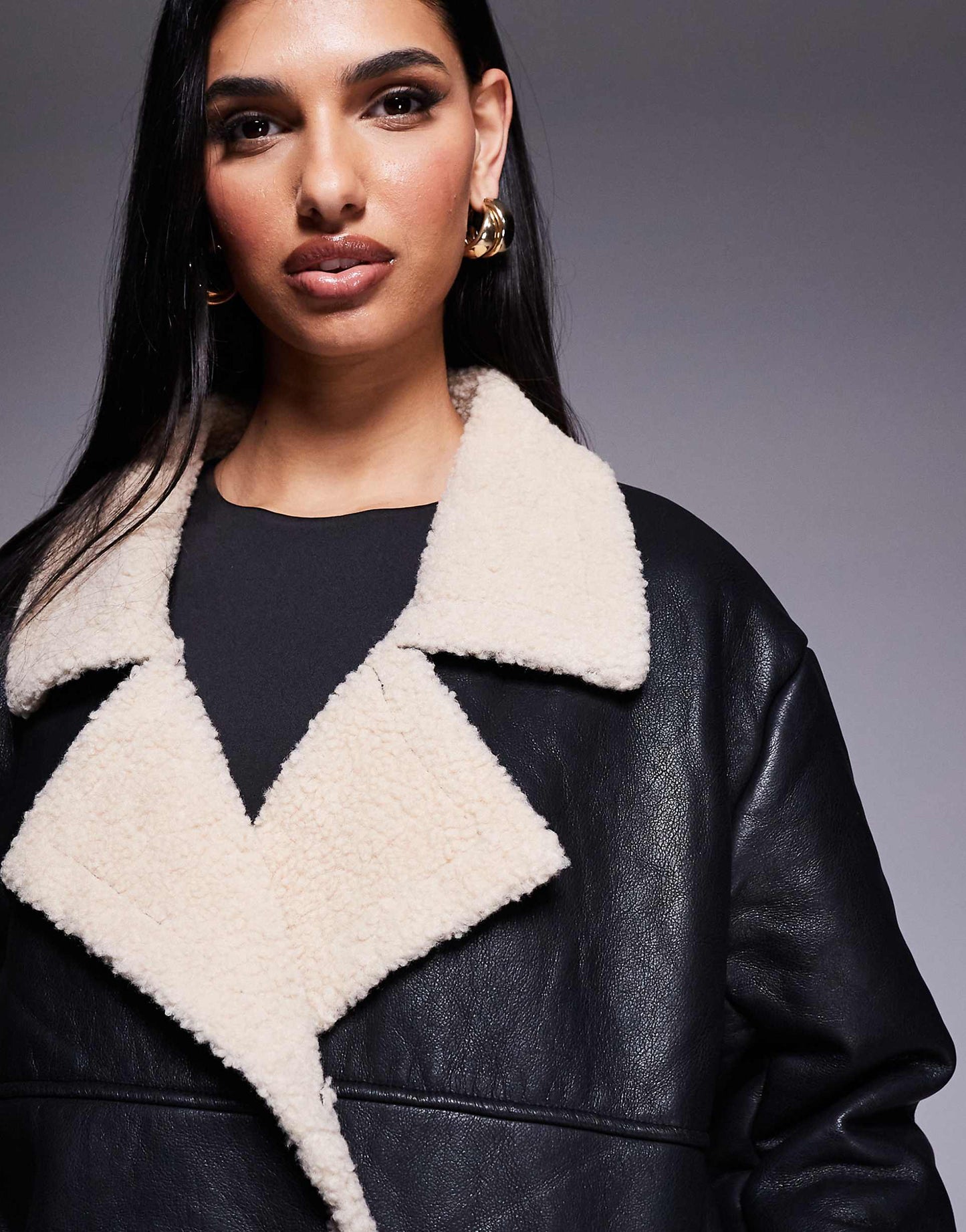 Leather Look Contrast Faux Shearling Button Front Longline Coat