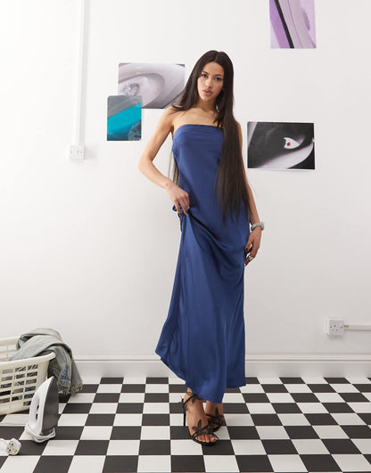 Satin Bandeau Cowl Tie Back Maxi Dress