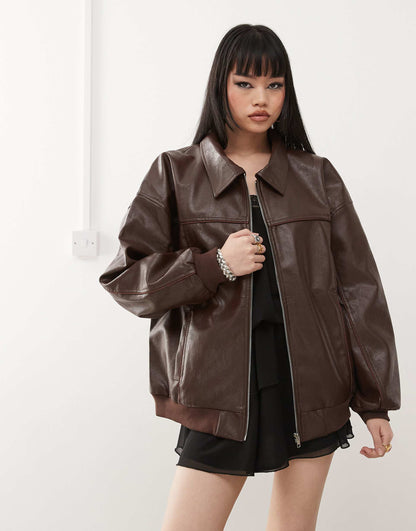 Leather Look Oversized Bomber Jacket