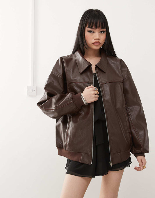 Leather Look Oversized Bomber Jacket