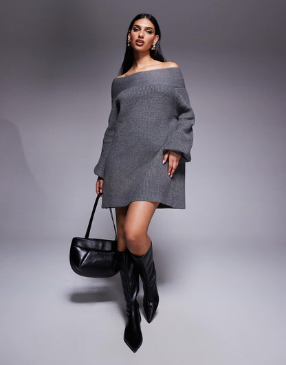 Princess Polly Waffle Knit Foldover Balloon Sleeve Mini Jumper Dress