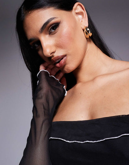 Mesh Contrast Ruffle Detail Bardot Body