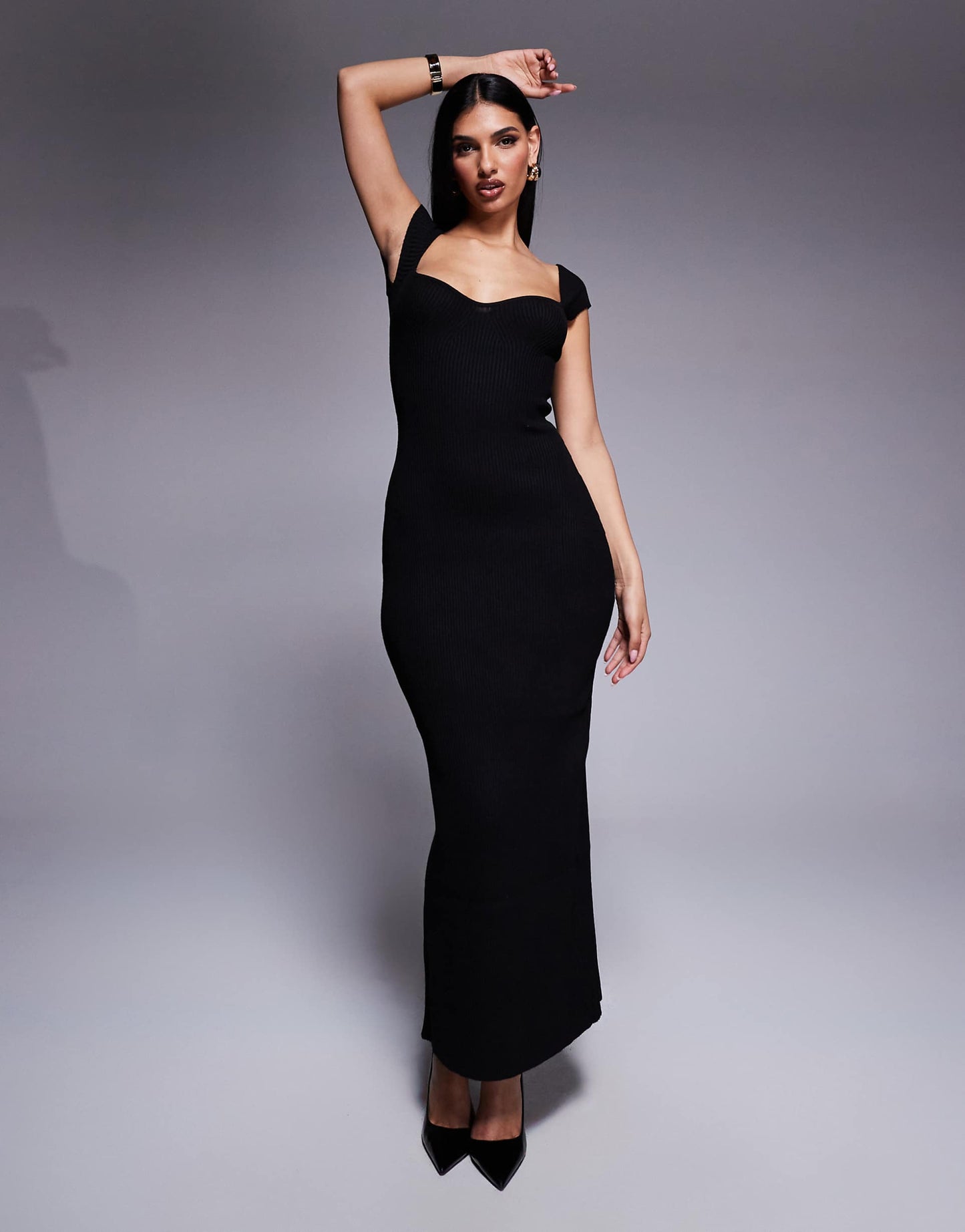 Sweetheart Neck Cap Sleeve Ribbed Knit Bodycon Maxi Dress