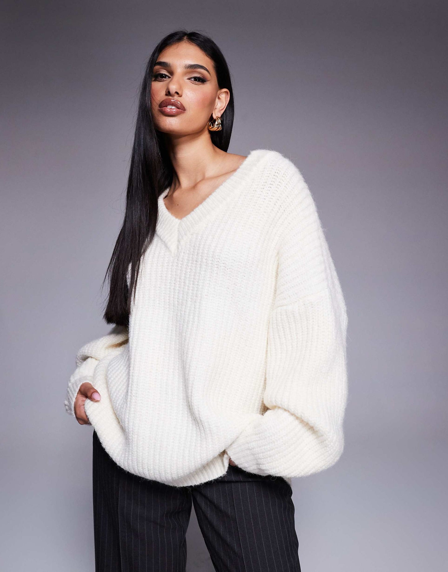Ribbed Knit Oversized V Neck Jumper
