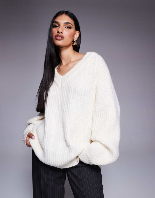 Ribbed Knit Oversized V Neck Jumper