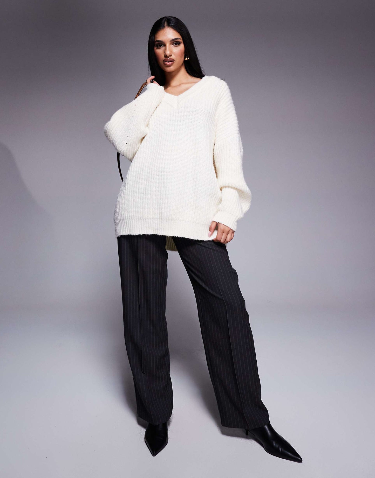 Ribbed Knit Oversized V Neck Jumper