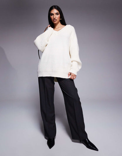 Ribbed Knit Oversized V Neck Jumper