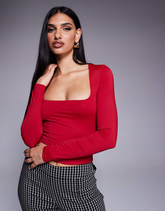 Slinky Square Neck Long Sleeve Crop Top