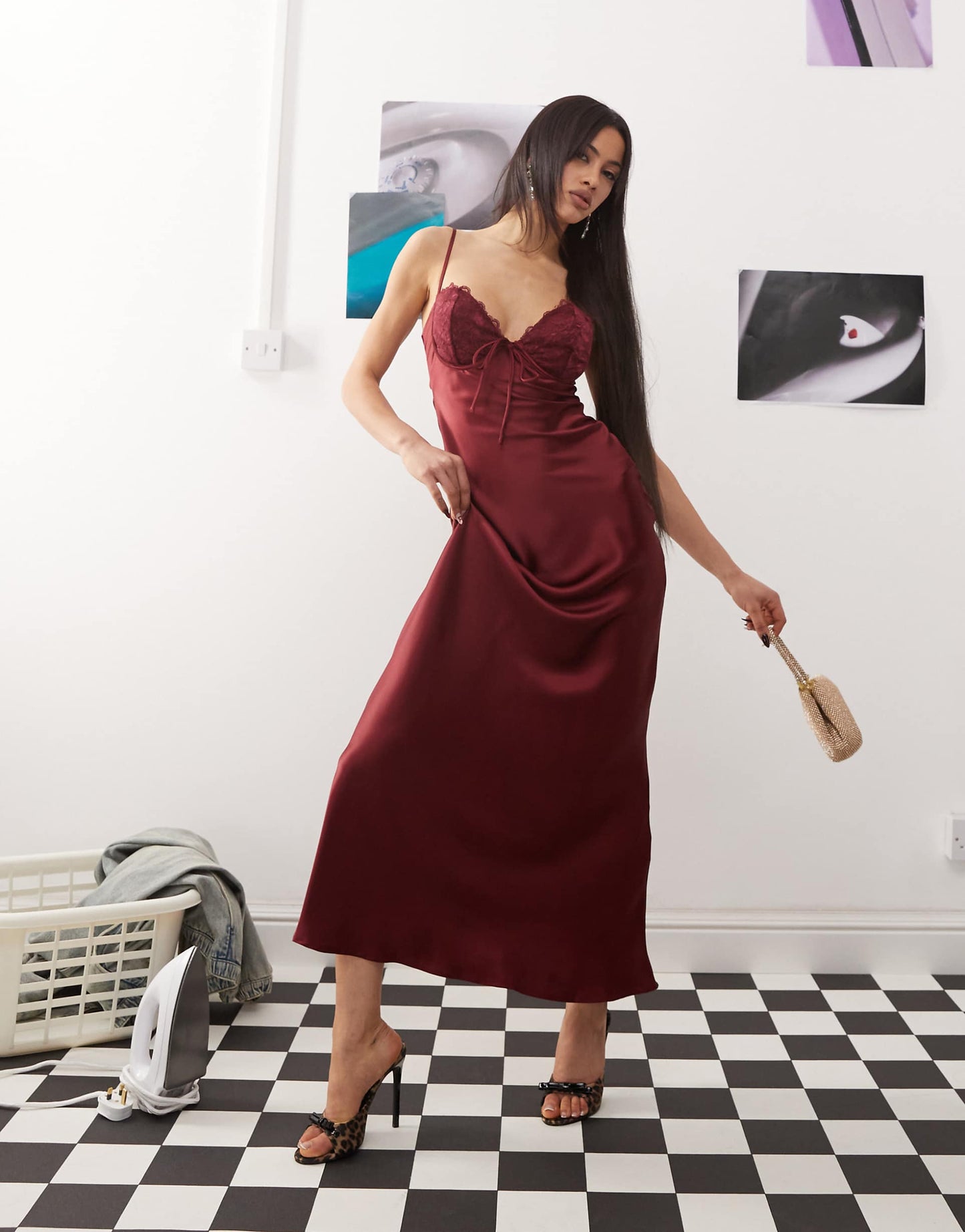 Lace Cup Detail Back Cutout Tie Front Cami Satin Slip Maxi Dress