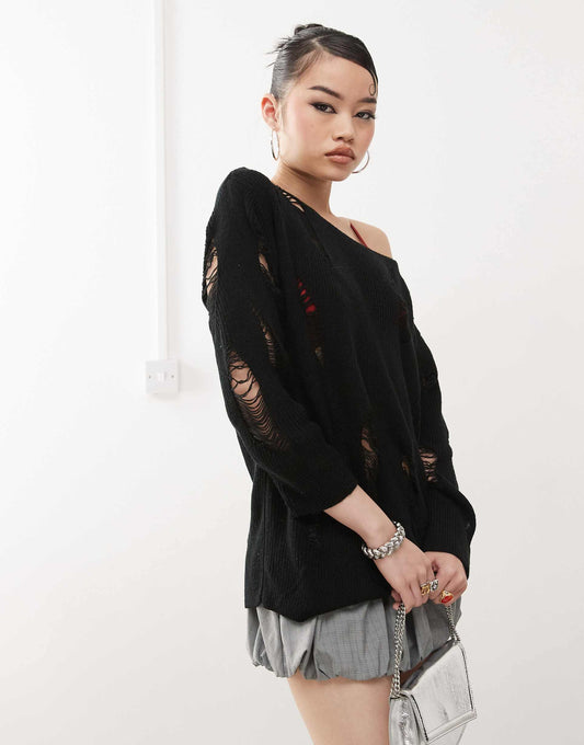 Distressed Ladder Stitch Slash Neck Jumper