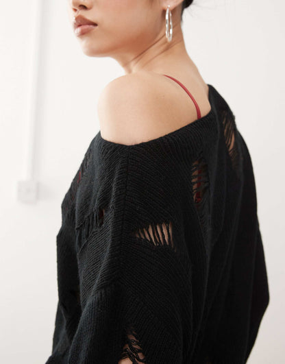 Distressed Ladder Stitch Slash Neck Jumper