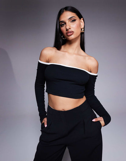 Contrast Edge Bardot Long Sleeve Crop Top