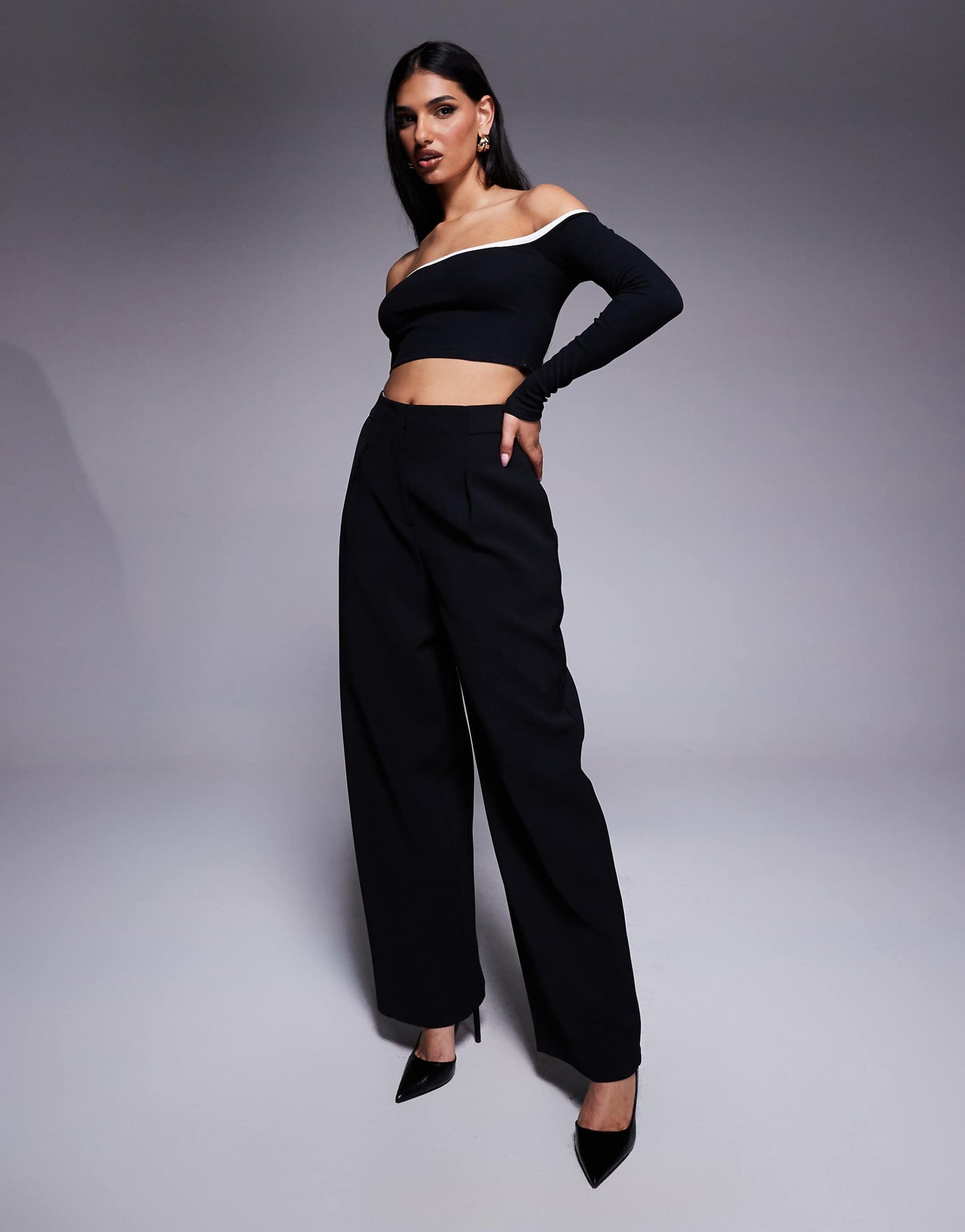 Contrast Edge Bardot Long Sleeve Crop Top