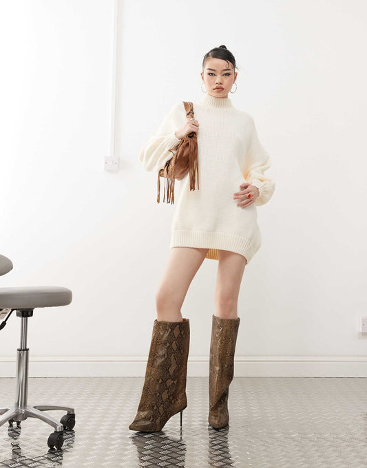 High Neck Balloon Sleeve Knitted Mini Jumper Dress