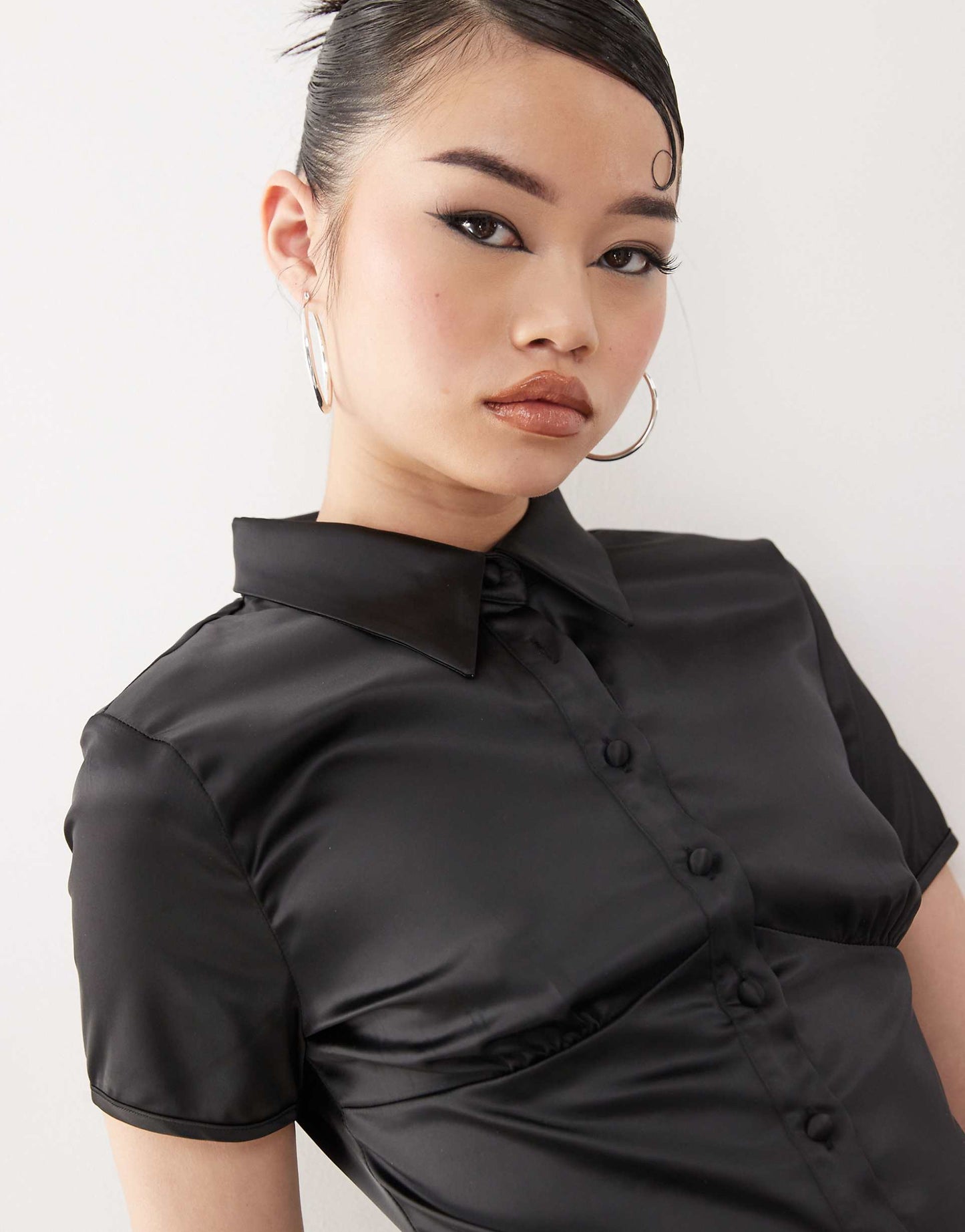 Satin Button Front Collared Bust Detail Shirt