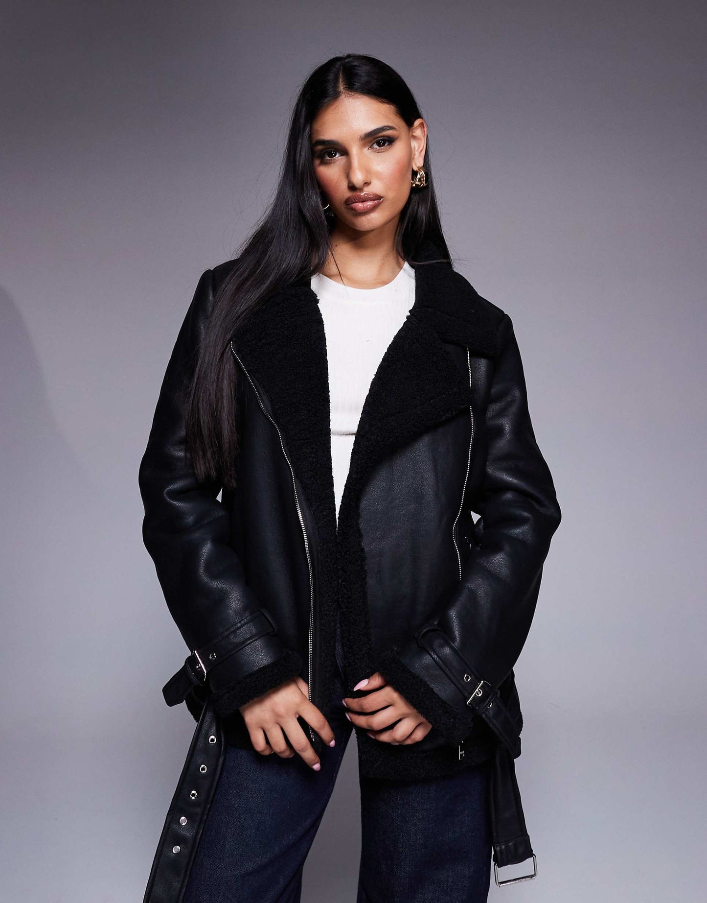 Leather Look Faux Shearling Buckle Detail Aviator Jacket