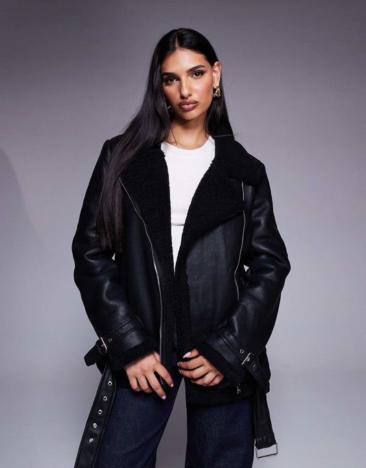 Leather Look Faux Shearling Buckle Detail Aviator Jacket