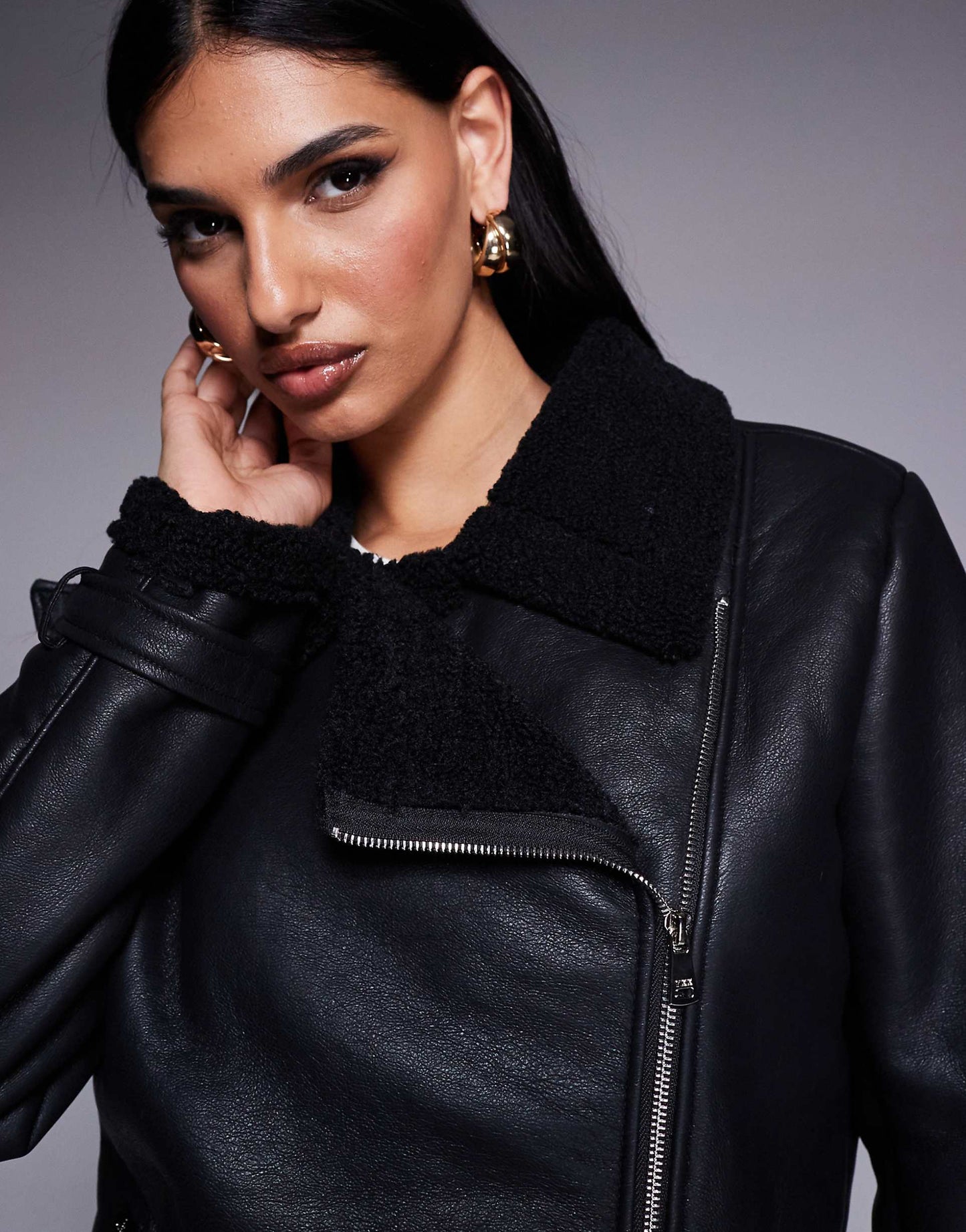 Leather Look Faux Shearling Buckle Detail Aviator Jacket