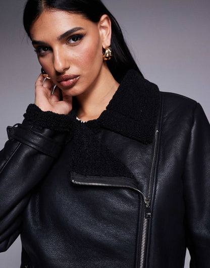 Leather Look Faux Shearling Buckle Detail Aviator Jacket