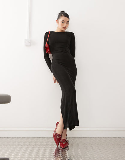 Slinky Boatneck Long Sleeve Backless Maxi Dress