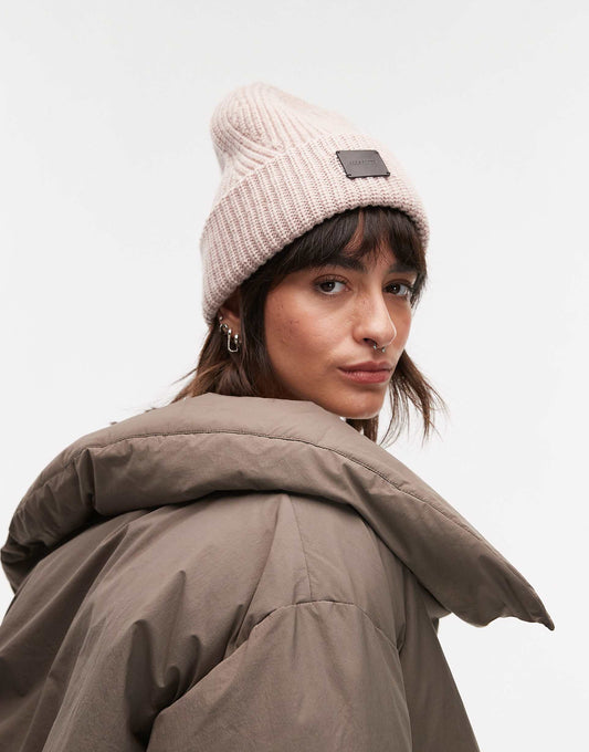 Ribbed Leather Logo Beanie