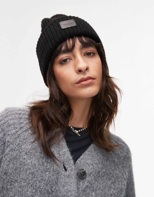 Ribbed Leather Logo Beanie