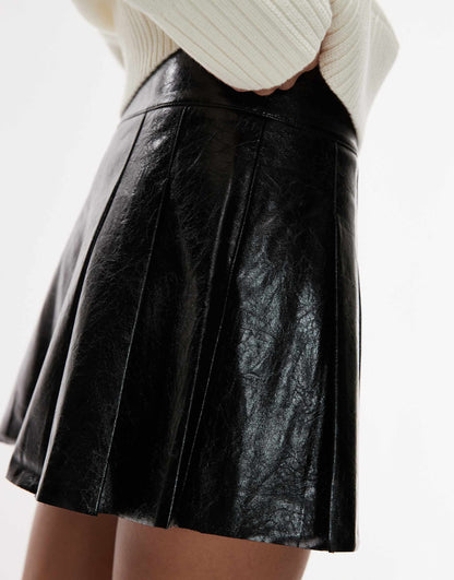 Mini Leather Look Pleated Skirt