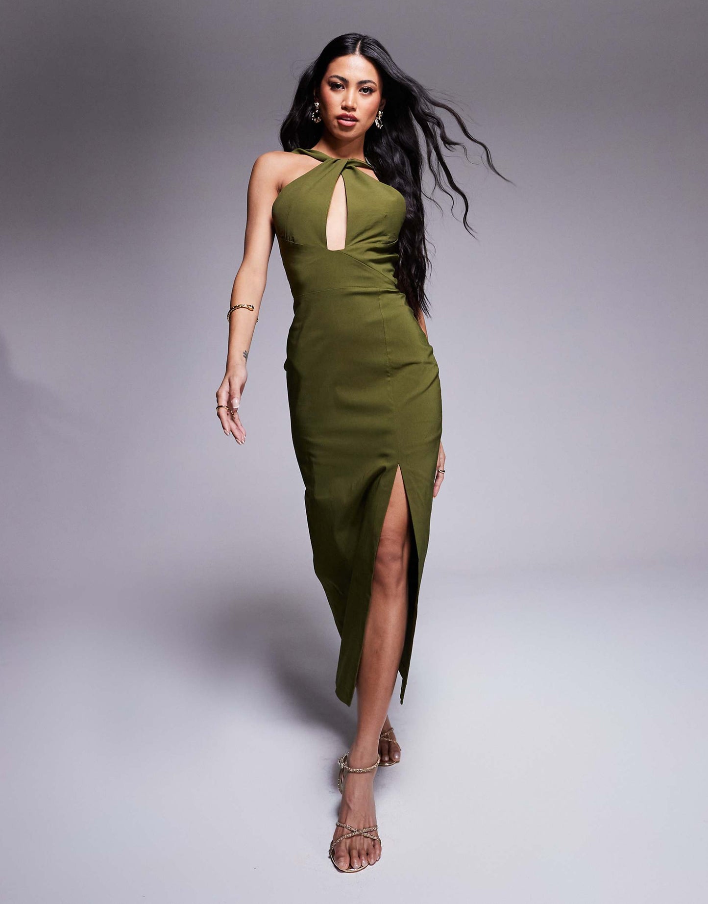 Halter Neck Midaxi Dress With Front Cut Out