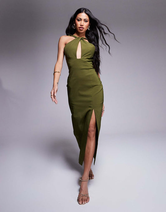 Halter Neck Midaxi Dress With Front Cut Out