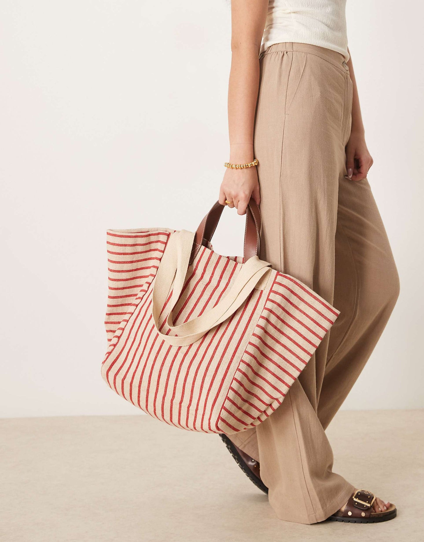 Large Stripe Handheld Double Strap Bag