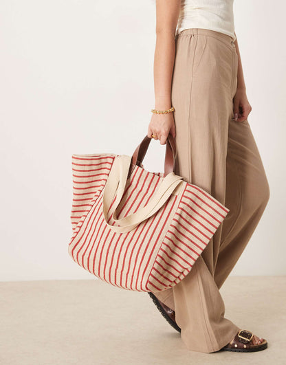 Large Stripe Handheld Double Strap Bag