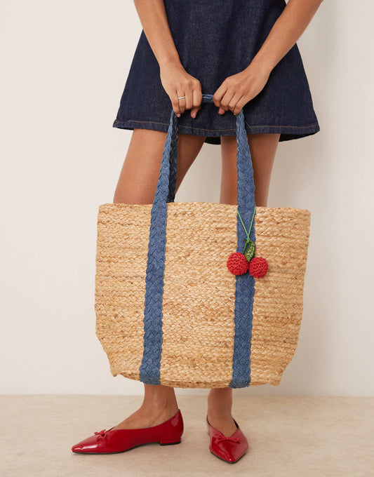 Jute Straw Shoulder Bag Denim Strap And Cherry Charm