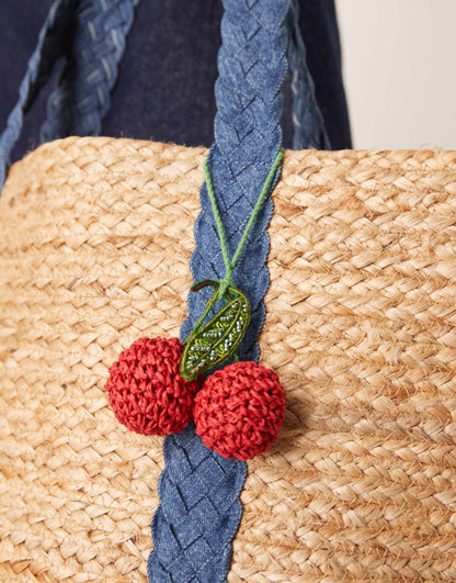 Jute Straw Shoulder Bag Denim Strap And Cherry Charm