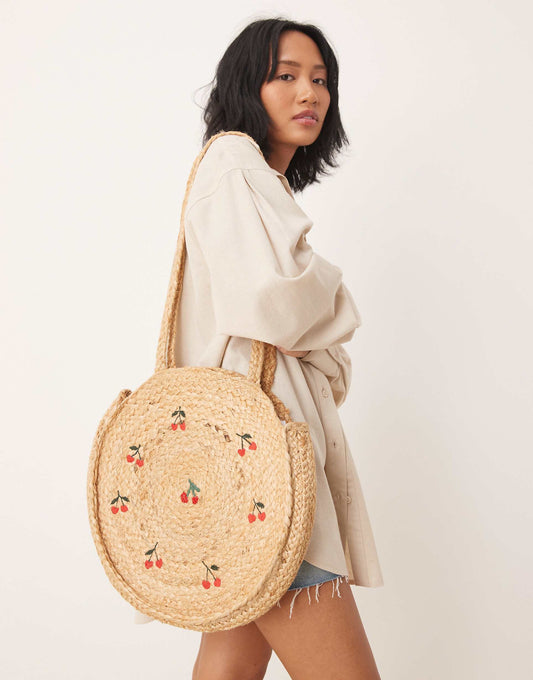Cherry Circle Jute Shoulder Bag