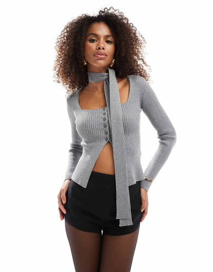 Ribbed Cardi With Neck Tie