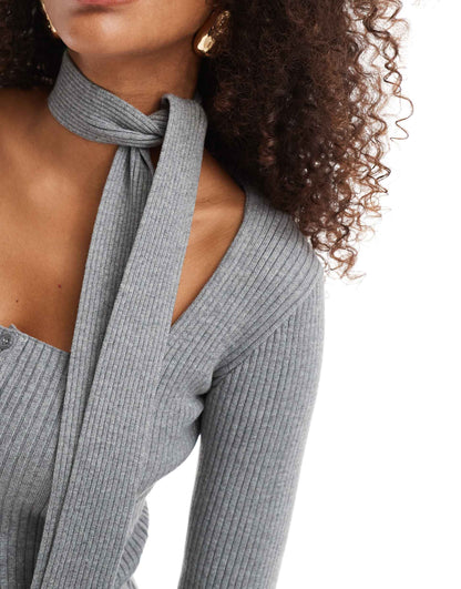 Ribbed Cardi With Neck Tie