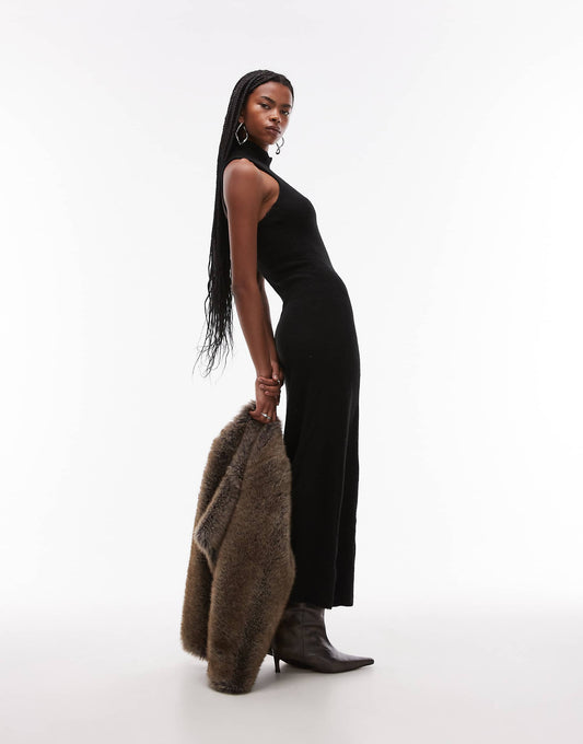 Open Back High Neck Knitted Maxi Dress