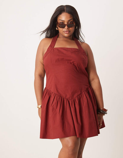 Curve Halter Mini Dress With Ruffle Hem