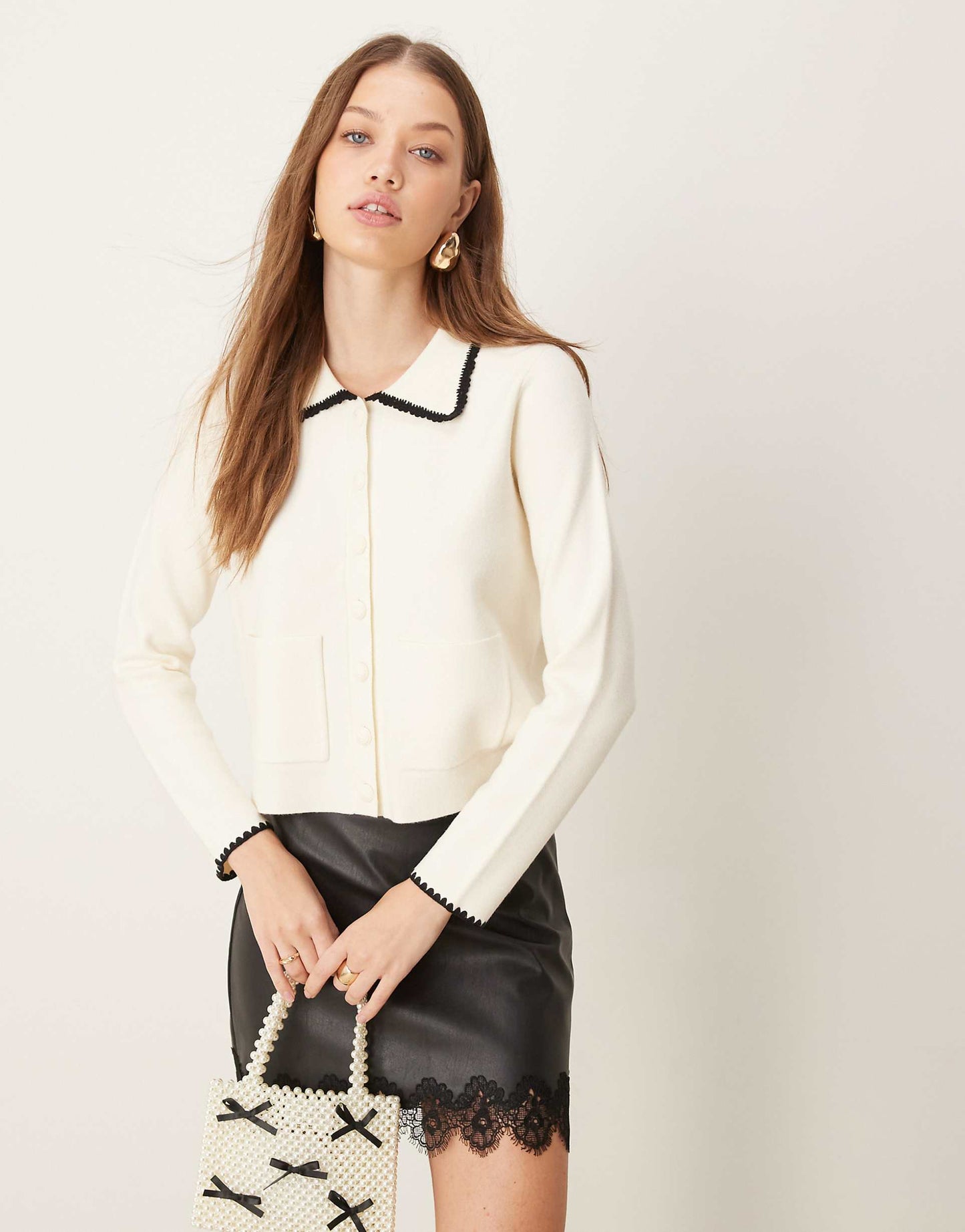 Knitted Cardigan With Collar And Contrast Trim