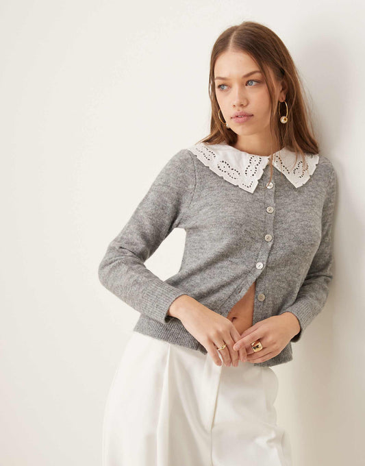 Woven Broderie Collar Knitted Cardigan