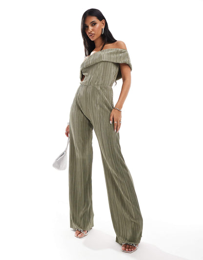 Plisse Bardot Wide Leg Jumpsuit