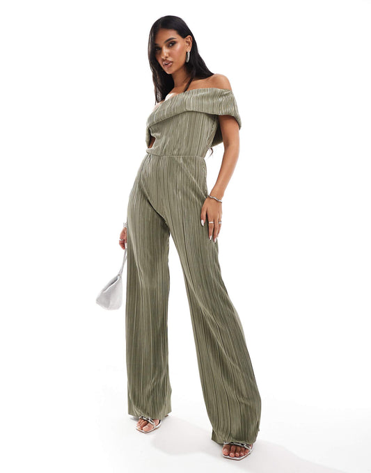 Plisse Bardot Wide Leg Jumpsuit