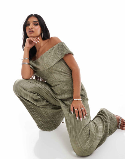 Plisse Bardot Wide Leg Jumpsuit