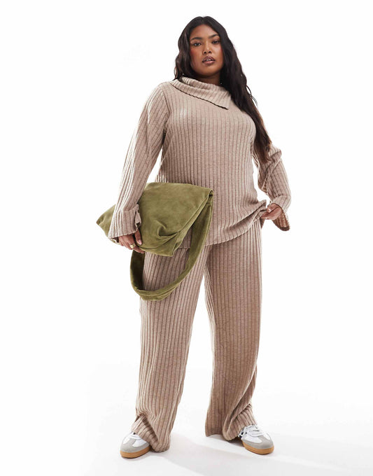 Curve Ribbed Jersey Wide Leg Trouser Co-Ord