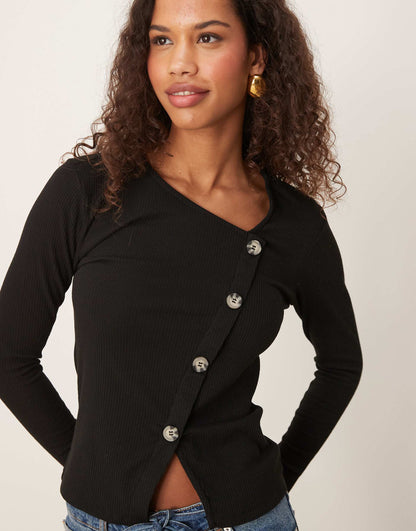 Asymetric Ribbed Button Detail Top