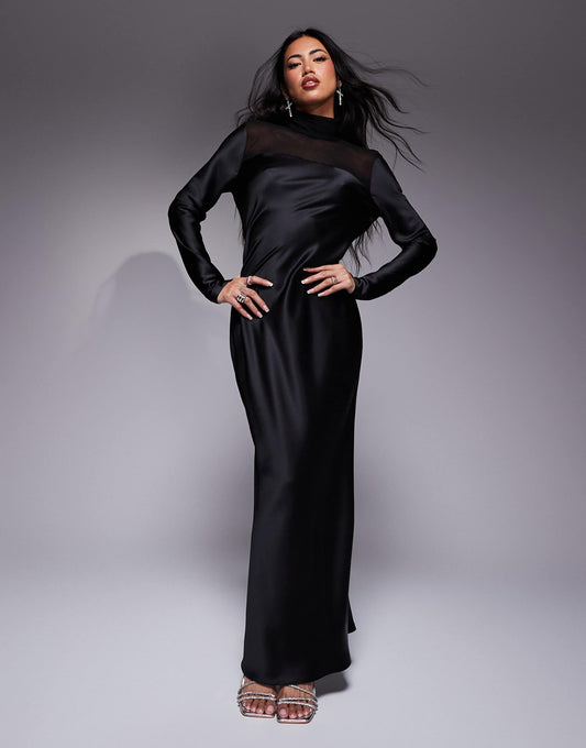 High Neck Satin Dress With Sheer Details