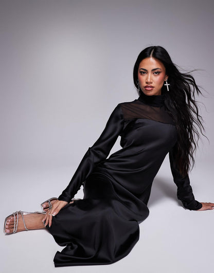 High Neck Satin Dress With Sheer Details