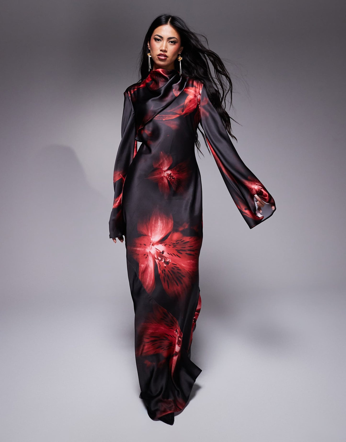 Satin Printed Maxi Dress With Funnel Sleeves