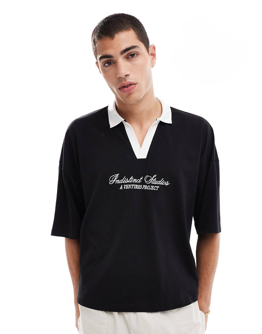 Oversized Boxy Polo T-Shirt With Dropped Shoulder And Front Graphic