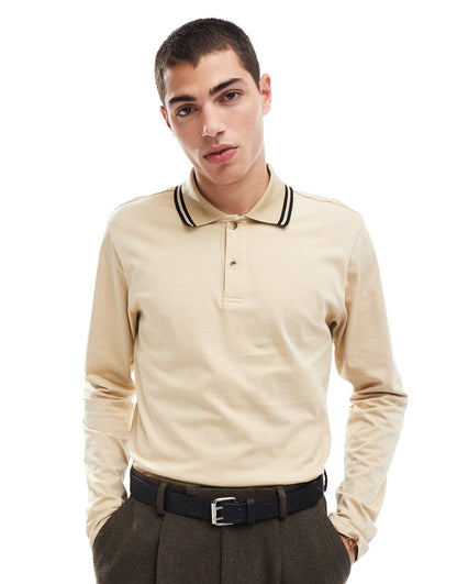Long Sleeve Polo T-Shirt With Collar Tipping